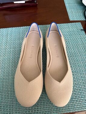 Rothy's Beige Ballet Flats with Blue Heel Trim